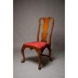 A PAIR OF QUEEN ANNE STYLE SIDE CHAIRS, with shaped splat back having carved paper scroll detail and