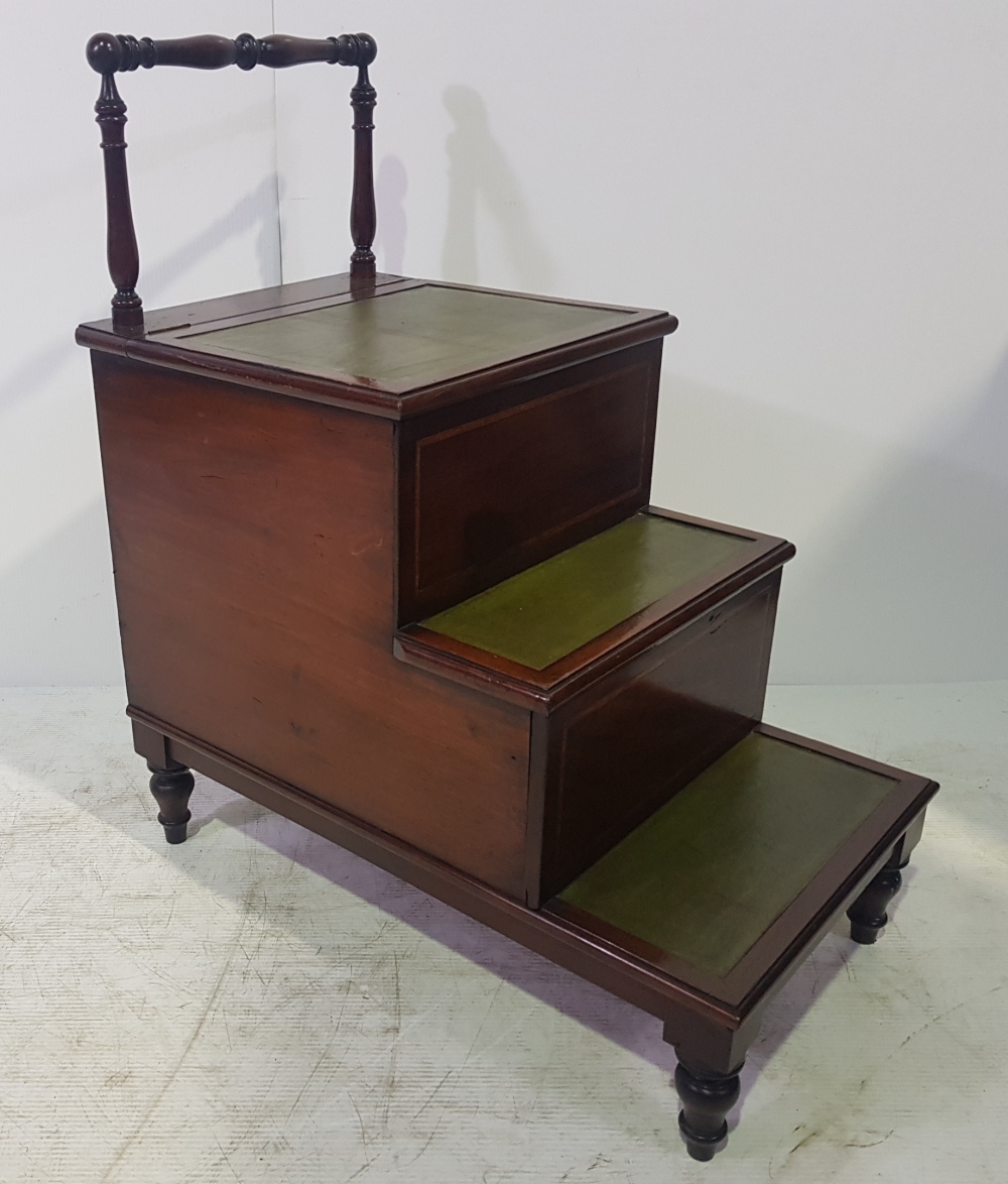 A RARE 19TH CENTURY MAHOGANY & LEATHER LIBRARY STEPS, with raised turned handle, and turned legs,