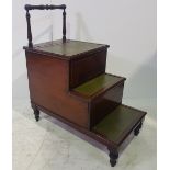 A RARE 19TH CENTURY MAHOGANY & LEATHER LIBRARY STEPS, with raised turned handle, and turned legs,