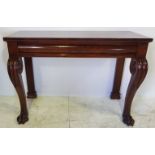 A GOOD QUALITY 19TH CENTURY IRISH PAW FOOT CONSOLE TABLE, with long single drawer and raised on