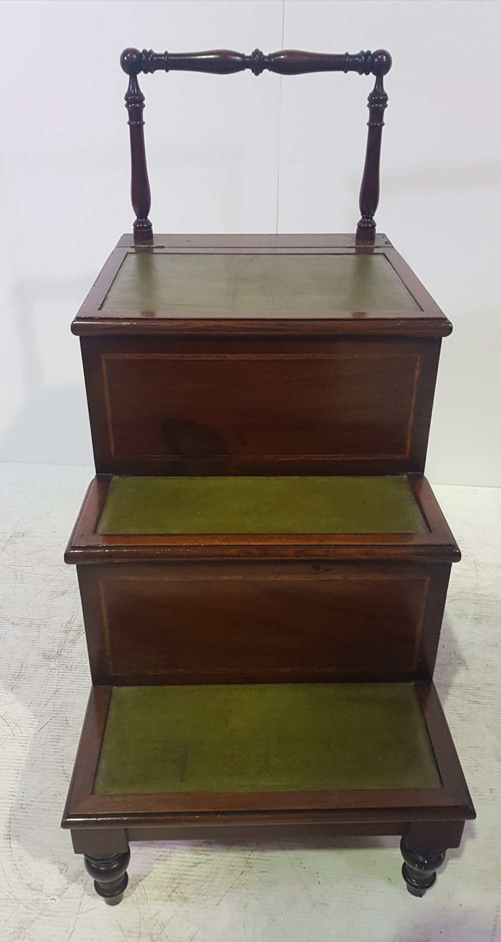 A RARE 19TH CENTURY MAHOGANY & LEATHER LIBRARY STEPS, with raised turned handle, and turned legs, - Image 3 of 4