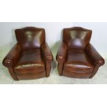 A PAIR OF VERY GOOD QUALITY 20TH CENTURY LEATHER CLUB ARM CHAIRS, 31in x 32in x37in approx, seat