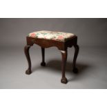 A 20TH CENTURY MAHOGANY CABRIOLE LEGGED STOOL, with ball & claw feet, 19in high x 21in long