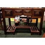 A HARDWOOD HALL TABLE / CONSOLE, with four drawers, raised on square leg united by lower shelf, 45.