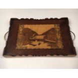A KILLARNEY WARE SERVING TRAY, 19th century, inlaid yew-wood, featuring the serpent lake gap of