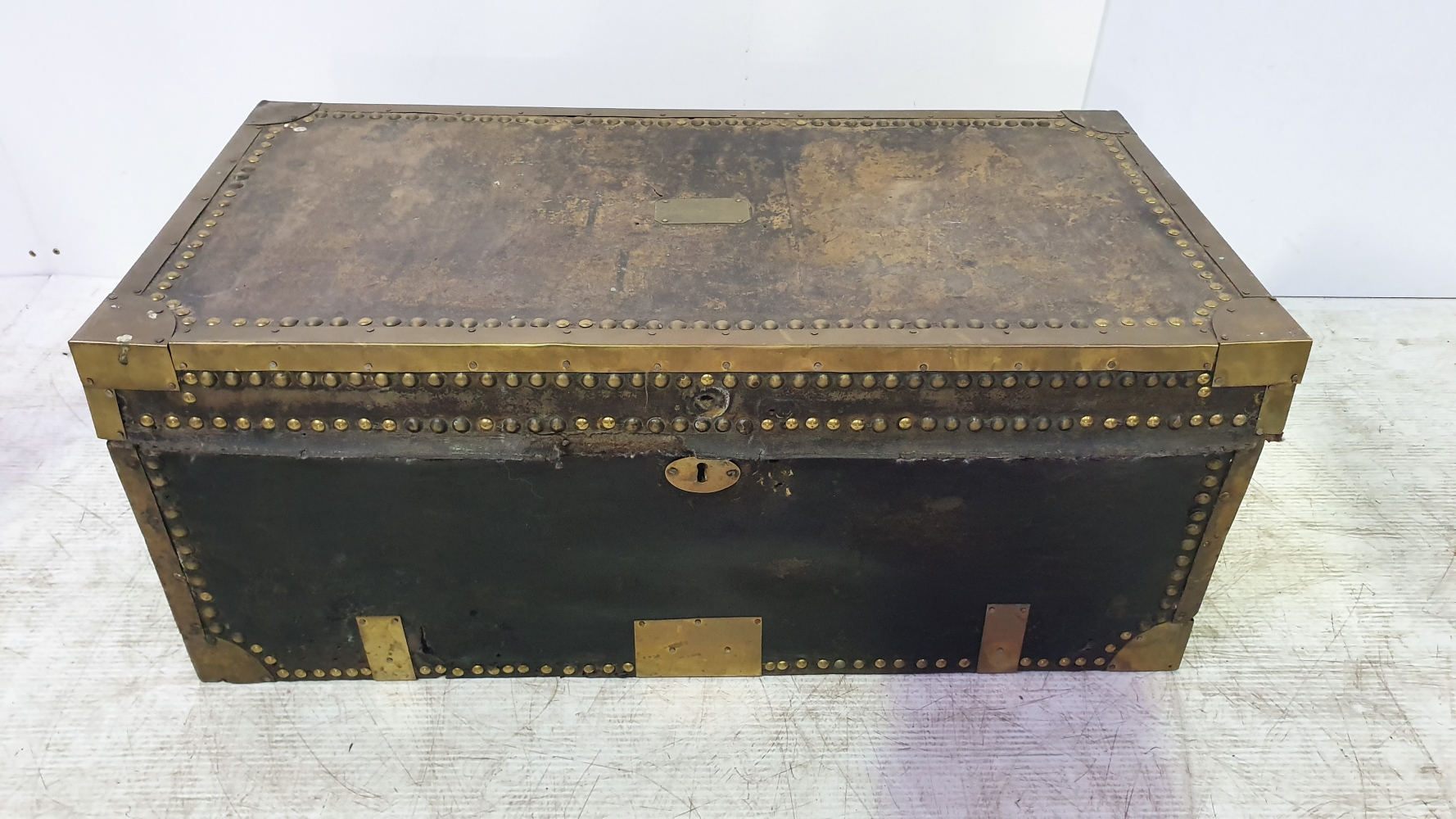 AN UNSUAL 19TH CETURY 'BARN FIND' BRASS & LEATHER BOUND CAMPHOR WOOD TRUNK / CHEST, with brass label