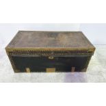 AN UNSUAL 19TH CETURY 'BARN FIND' BRASS & LEATHER BOUND CAMPHOR WOOD TRUNK / CHEST, with brass label
