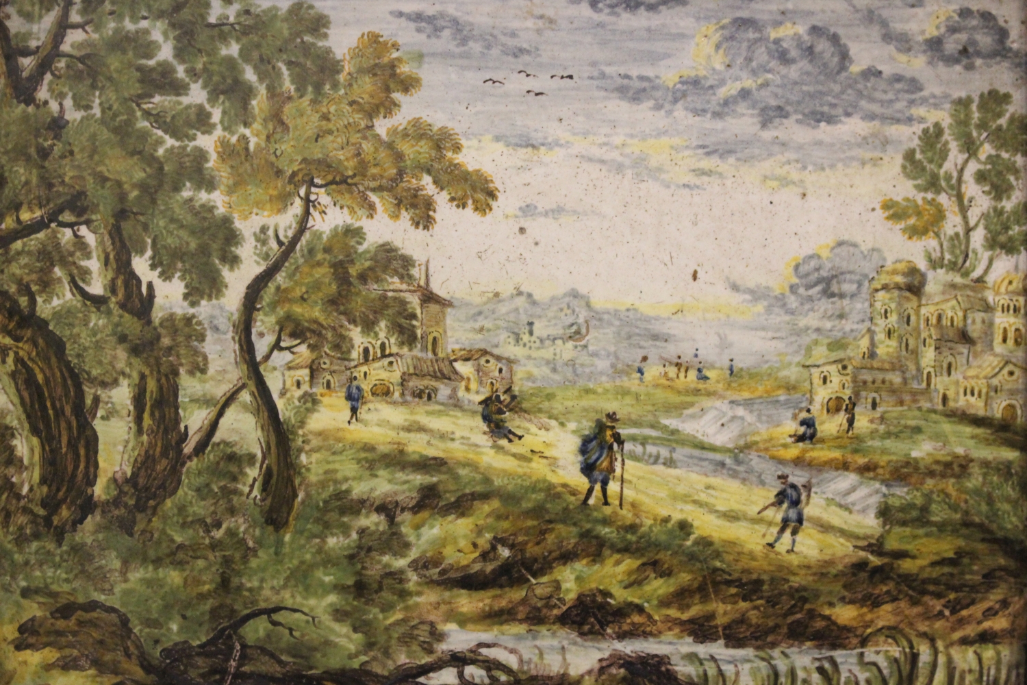 A FRAMED ‘CASTELLI’ LANDSCAPE TILE WITH FIGURES AND BUILDINGS, possibly 18th century, inscribed - Image 2 of 6