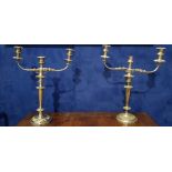 A PAIR OF SILVER PLATED CANDELABRA, three arms to each, decorated with floral motif, each with a