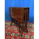 A GOOD QUALITY MAHOGANY INLAID DROP LEAF SUTHERLAND TABLE, with canted corners, pierced splat