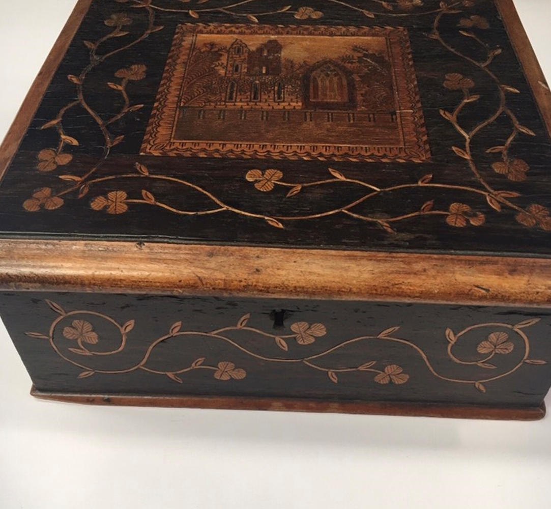 A SQUARE KILLARNEY BOX, 19th century, arbutus wood and yew-wood, the top with shamrock and leafy - Image 3 of 3
