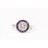 A WHITE GOLD ART DECO SAPPHIRE AND DIAMOND RING, a simple elegant design, centre diamond .50 cuts