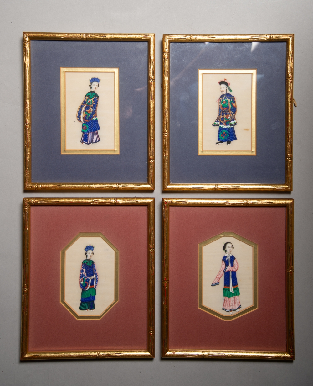 A 19TH CENTURY SET OF FOUR EXTREMELY FINE HAND PAINTED FIGURES ON SILK, c.1840, gently padded in
