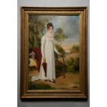 MARIA SPILSBURY (1777-1823), “REGENCY FULL LENGTH PORTRAIT OF YOUNG LADY IN GARDEN”, mahogany panel,