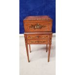 AN EDWARDIAN SATINWOOD AND PAINTED "CASKET" CHEST TABLE, with hinged lid, over 2 drawers,