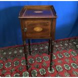 A GOOD QUALITY WILLIAM IV MAHOGANY INLAID POT CUPBOARD, with 3/4 raised gallery to the top, with