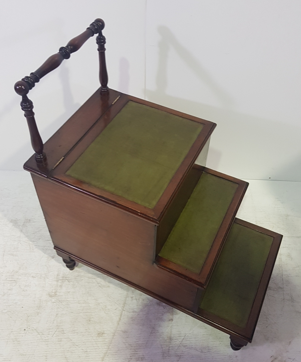 A RARE 19TH CENTURY MAHOGANY & LEATHER LIBRARY STEPS, with raised turned handle, and turned legs, - Image 4 of 4