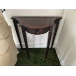 A CONTEMPORARY ROSEWOOD SERPENTINE SHAPED HALL / SIDE TABLE, with tapered legs and single drawer,