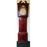 A GOOD 19TH CENTURY GRANDFATHER CLOCK, with swan neck pediment top, the hand painted dial
