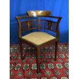 A GOOD MAHOGANY INLAID CORNER CHAIR, raised on tapered spade legs