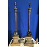 A PAIR OF BRONZE & MARBLE TABLE LAMPS, electric (all electric items should be inspected by an