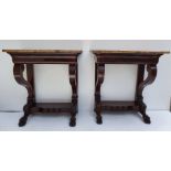 A TOP QUALITY RARE PAIR OF NEAT SIZED 19TH CENTURY SIENNA MARBLE TOPPED MAHOGANY CONSOLE TABLES,