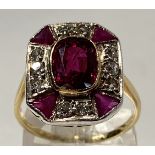 18CT YELLOW AND WHITE GOLD RUBY AND DIAMOND ART DECO RING, four triangular rubies and old cut