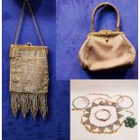 A MIXED LOT OF ITEMS, includes; (i) TWO VINTAGE HANDBAGS, (i) a bead bag with chain link strap (