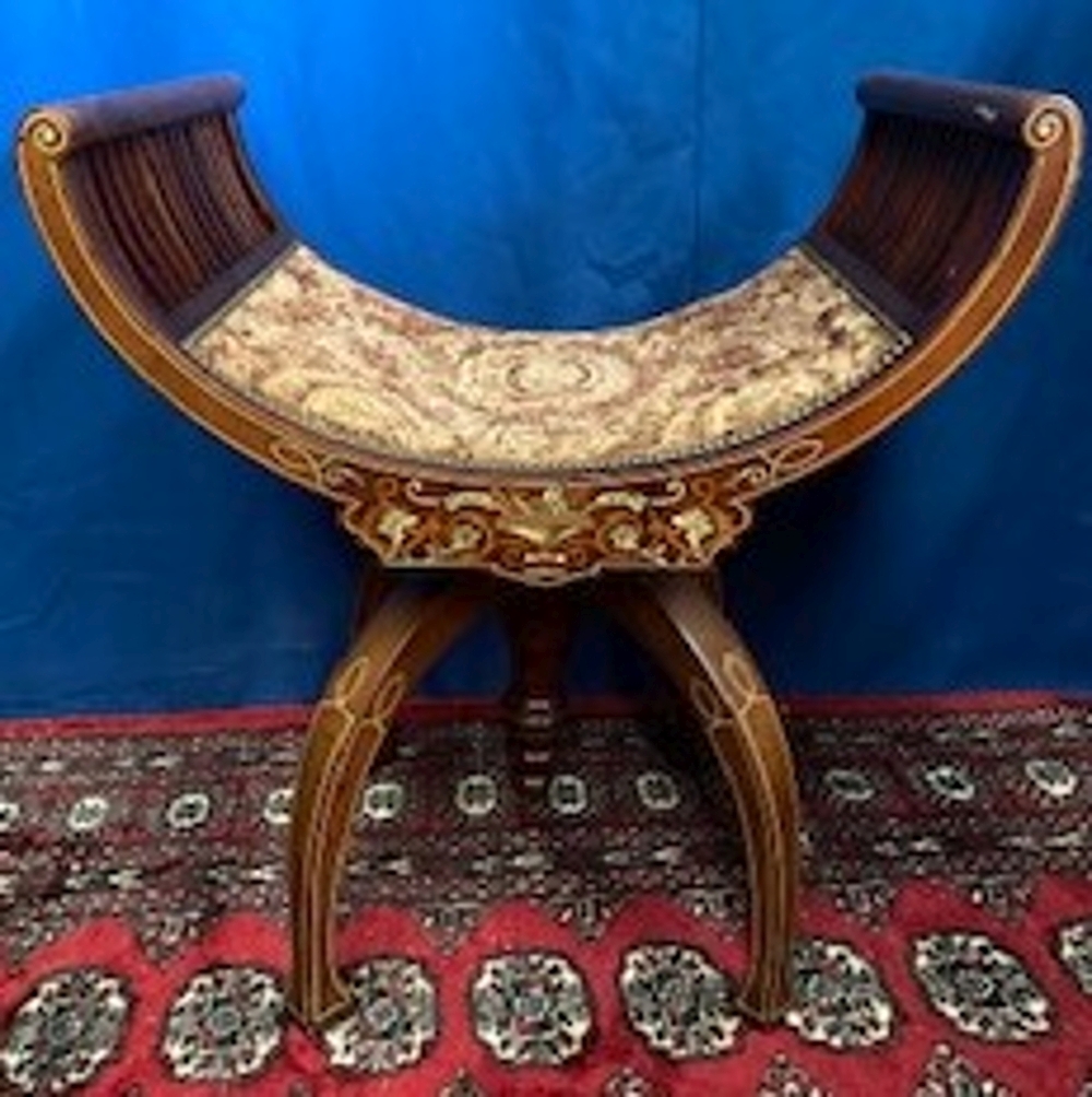 AN UNUSUAL EDWARDIAN MAHOGANY INLAID PIANO SEAT / SEAT, on a swivel mechanism, the concave curved