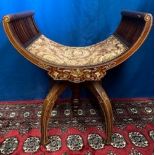 AN UNUSUAL EDWARDIAN MAHOGANY INLAID PIANO SEAT / SEAT, on a swivel mechanism, the concave curved