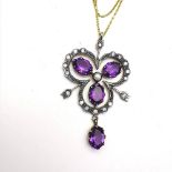AN ANTIQUE AMETHYST, PEARL & DIAMOND NECKLACE PENDANT, the clover shaped pendant with 4 Amethyst,