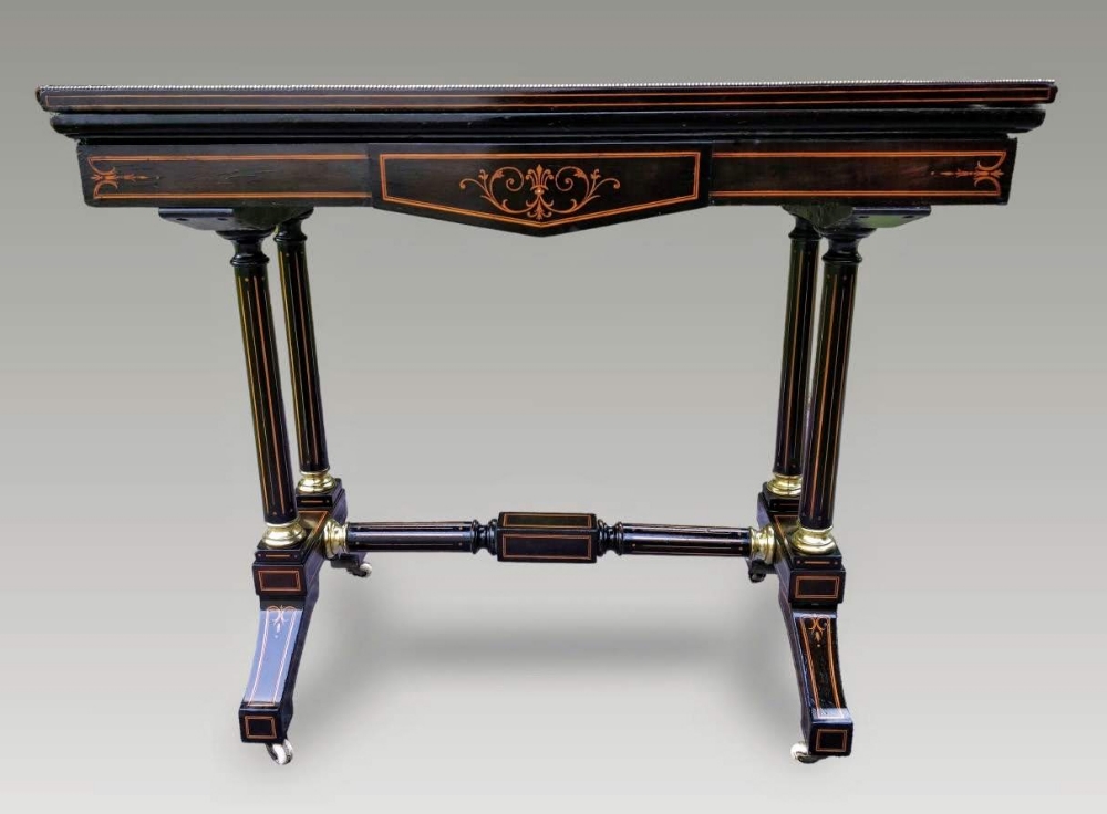 A VERY FINE VICTORIAN ‘AESTHETIC MOVEMENT’ EBONY CARD TABLE, circa 1880, with satinwood inlay - Image 2 of 8