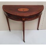 A VERY GOOD QUALITY EDWARDIAN INLAID MAHOGANY DEMI LUNE CARD, the top with string inlaid edge and