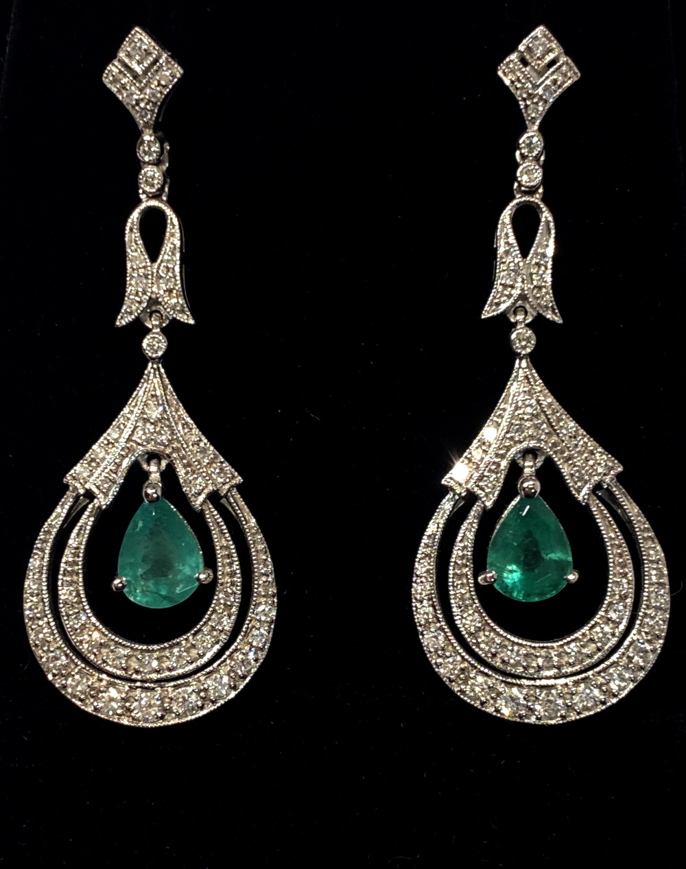 AN EXCEPTIONAL PAIR OF 18CT WHITE GOLD EMERALD & DIAMOND DROP EARRINGS, Art Deco style, handmade,