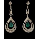 AN EXCEPTIONAL PAIR OF 18CT WHITE GOLD EMERALD & DIAMOND DROP EARRINGS, Art Deco style, handmade,