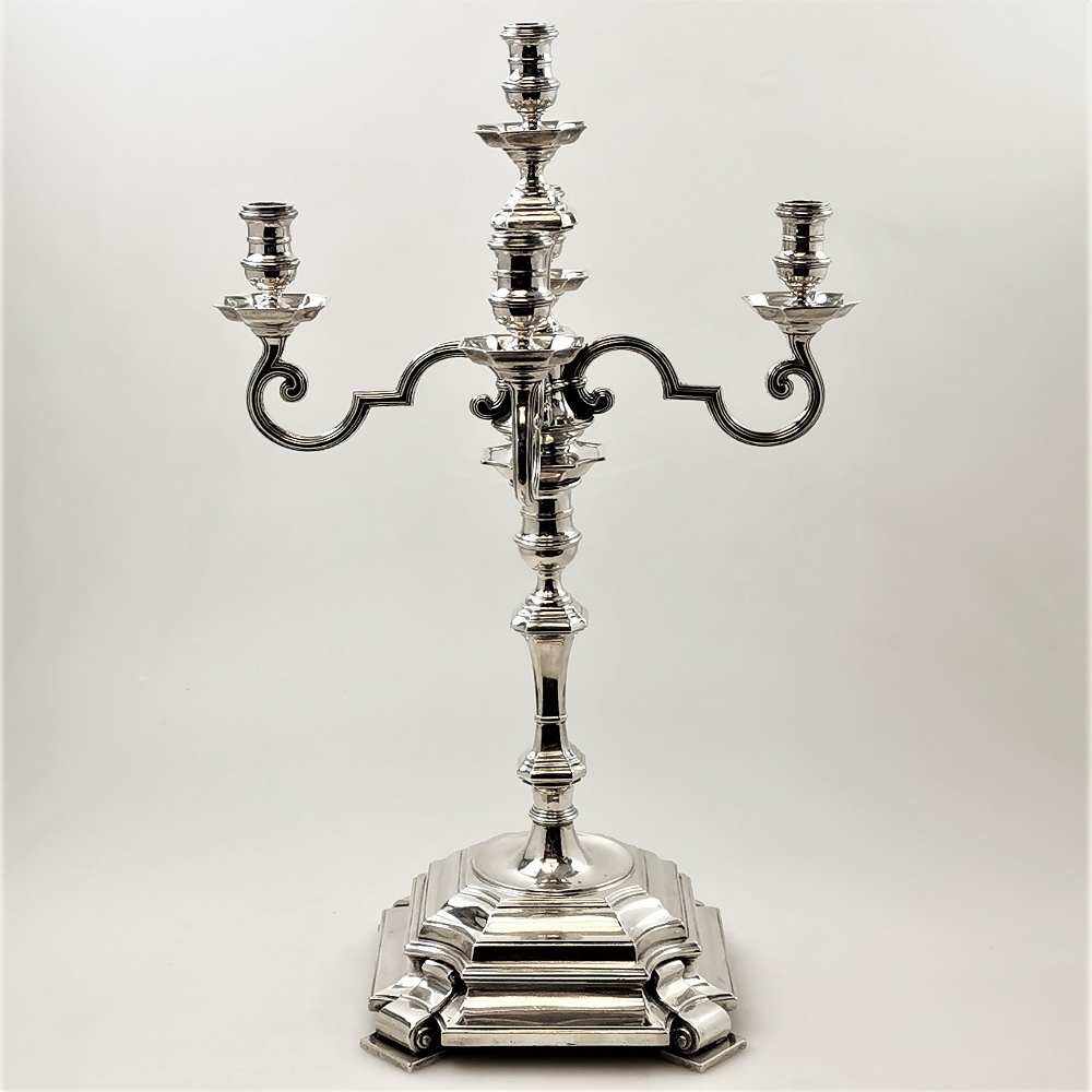 A PAIR OF GEORGE VI 5 LIGHT SILVER CANDELABRA FROM THE PAINTED HALL AT GREENWICH, in the Art Deco - Image 2 of 6