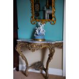 A 19TH CENTURY FRENCH GILTWOOD AND MARBLE TOPPED CONSOLE TABLE, 89cm high x 106cm long x 52cm deep