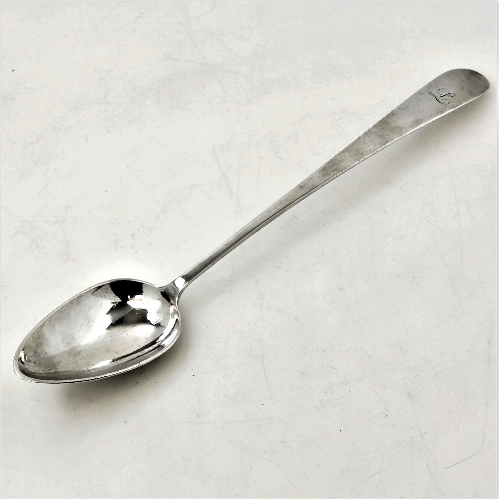 A GOOD QUALITY LATE 18TH CENTURY IRISH PROVINCIAL SILVER BASTING SPOON, Cork, circa 1780, marked