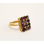 A 9CT YELLOW GOLD RING with 9 garnet setting