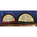 A PAIR OF FRAMED HANDCOLOURED STIPLE PRINT FANS, sticks with filigree with gilt mother of pearl,