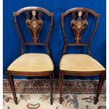 A VERY FINE PAIR OF EDWARDIAN ROSEWOOD SIDE CHAIRS, with wonderful inlaid decoration to both, string