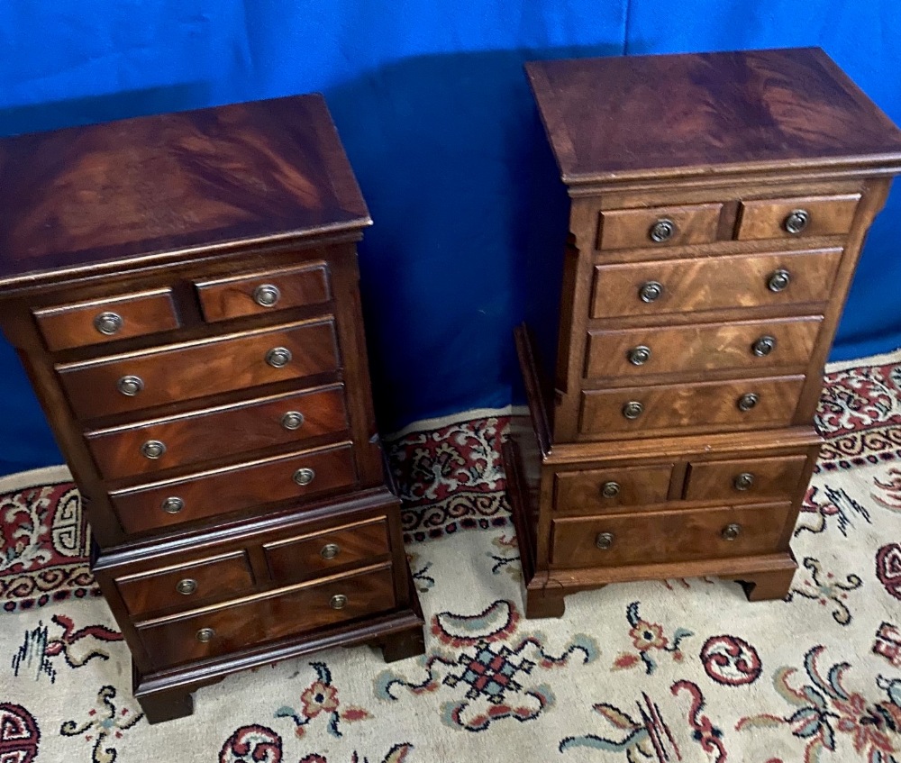 A PAIR OF GOOD QUALITY MINIATURE MAHOGANY CHEST ON CHESTS / OR LOCKERS, each with crossbanded - Image 3 of 3