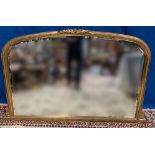 A GOOD QUALITY GILT OVER MANTLE MIRROR, with bevelled glass, 140cm x 93cm approx