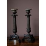 A PAIR OF FINELY CAST FRENCH ORMOLU AND BRONZE CANDLESTICKS, c.1820, 30cm high approx