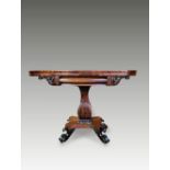 A VERY FINE WILLIAM IV FLAME MAHOGANY FOLD OVER TEA TABLE, circa 1830, the top with rounded