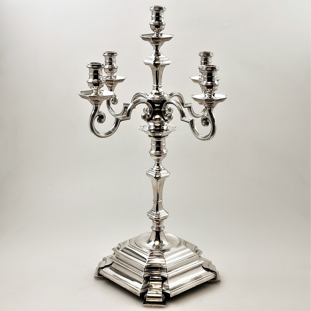 A PAIR OF GEORGE VI 5 LIGHT SILVER CANDELABRA FROM THE PAINTED HALL AT GREENWICH, in the Art Deco - Image 3 of 6