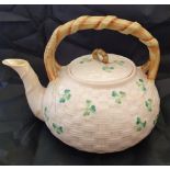 A BELLEEK SHAMROCK & BASKET WEAVE TEA POT / KETTLE, with green maker mark, 5th Mark – circa 1955 –