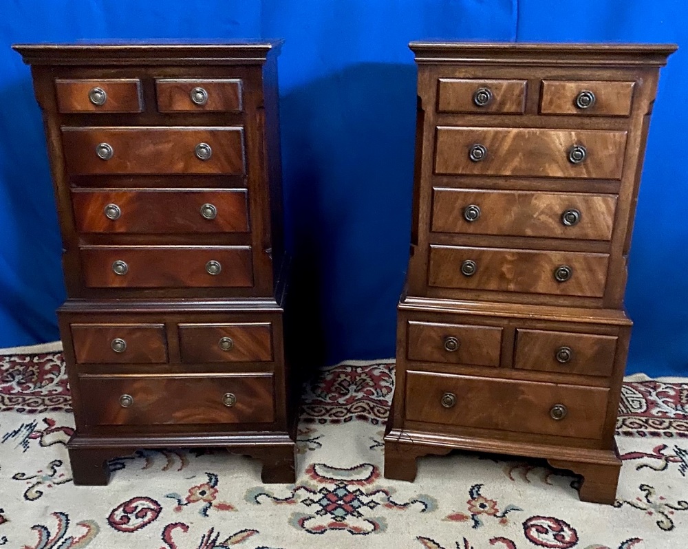 A PAIR OF GOOD QUALITY MINIATURE MAHOGANY CHEST ON CHESTS / OR LOCKERS, each with crossbanded