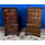 A PAIR OF GOOD QUALITY MINIATURE MAHOGANY CHEST ON CHESTS / OR LOCKERS, each with crossbanded