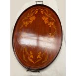 A GOOD QUALITY MAHOGANY INLAID TRAY, with raised sides, oval in shape having two handles,